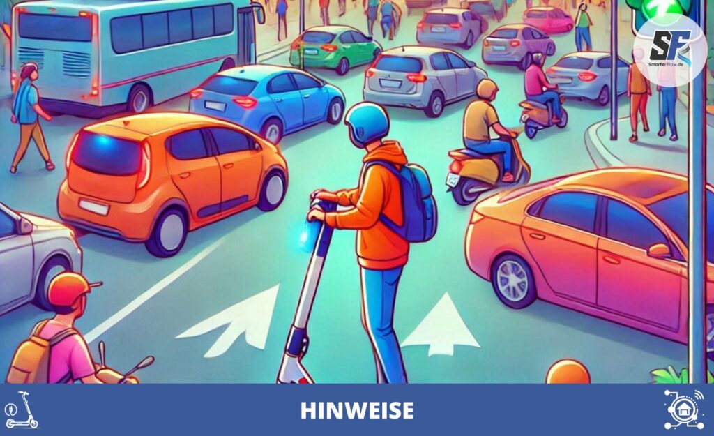 Illustration einer Person auf einem E-Scooter mit nachrüstendem Blinker an einer belebten Kreuzung voller Autos und Motorräder. Eine farbenfrohe Stadtszene mit Richtungspfeilen auf der Straße.