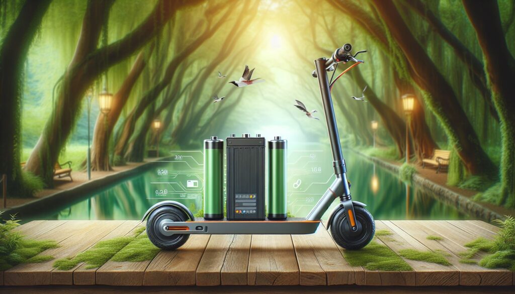 Ein E-Scooter steht ruhig auf einer Holzplattform im Wald. Augmented Reality-Grafiken zeigen den Akkustand an und Vögel begleiten die Szenerie.